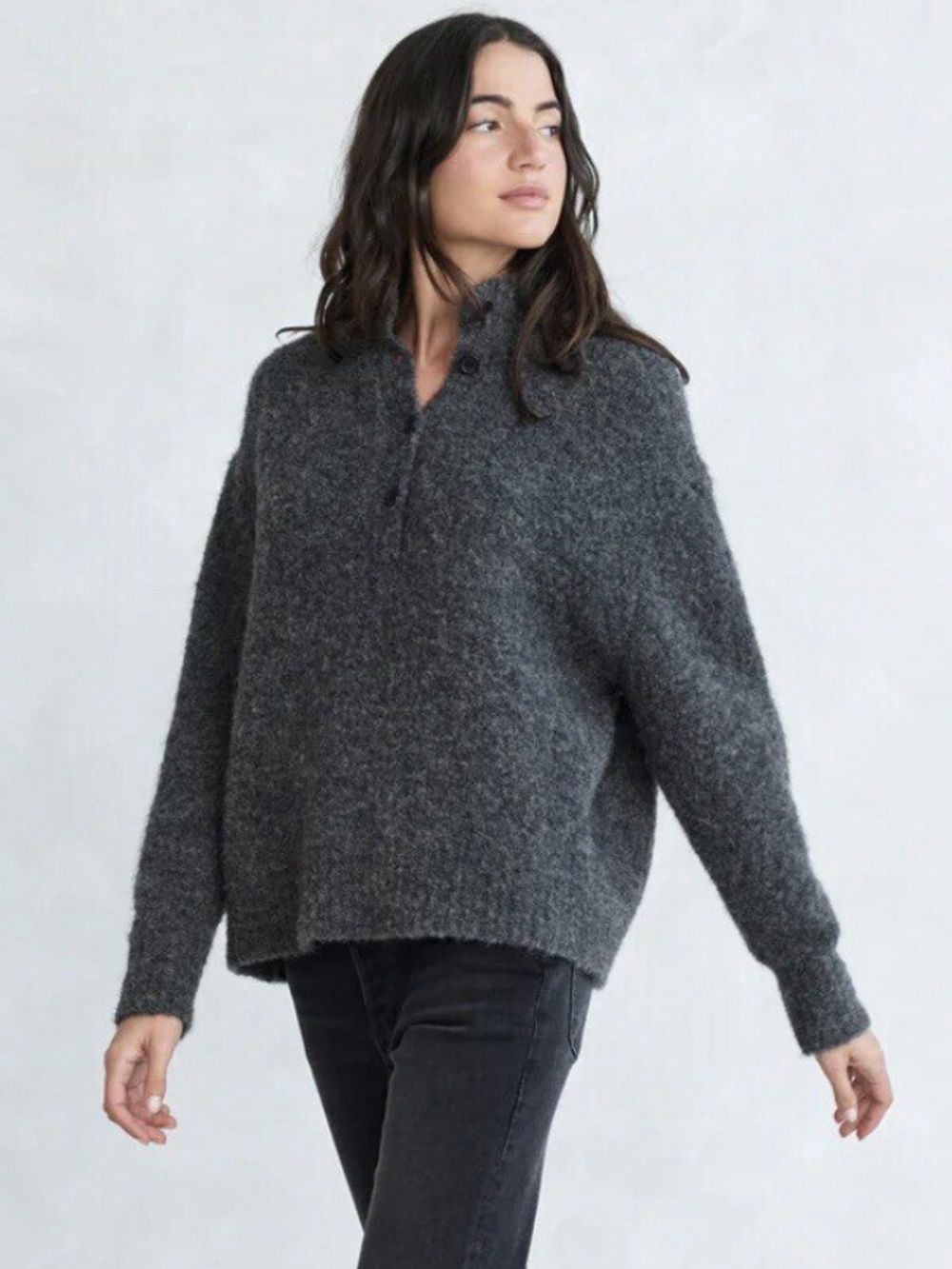 Jenni Kayne Wool Alpaca Boucle Charcoal Half Button Sweater - with branded tote